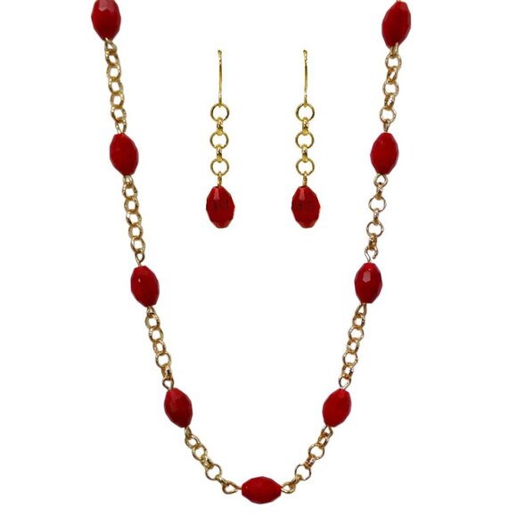 Red glass bead necklace and earring set made with oval glass beads an gold chain - Picture 1 of 11